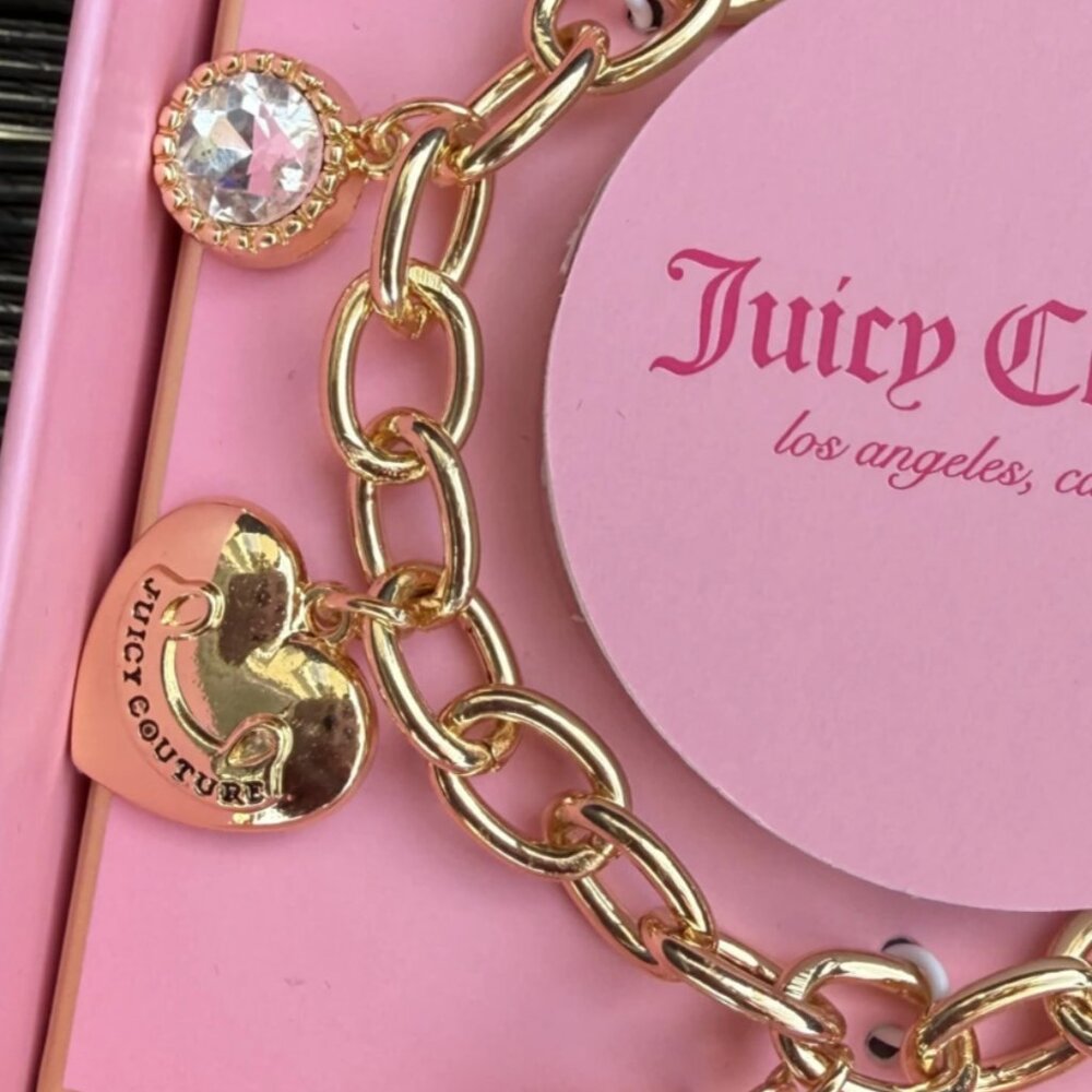Juicy Couture Gold Charm Bracelet Heart Bow Bee Pearl Crystal NIB - Picture 3 of 8